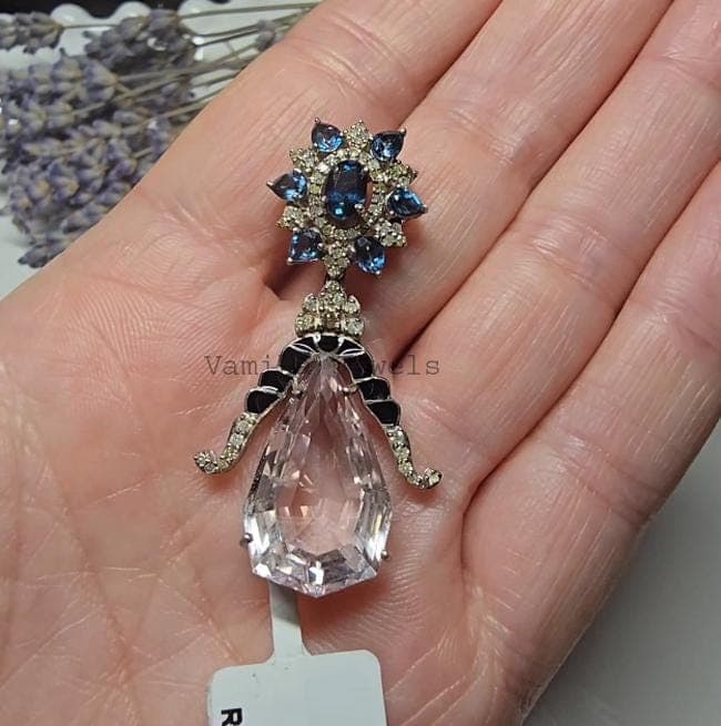 Natural Kunzite Blue Topaz Diamond Pendant- 925 Sterling Silver Black Enamel Jewelry, Anniversary Gift