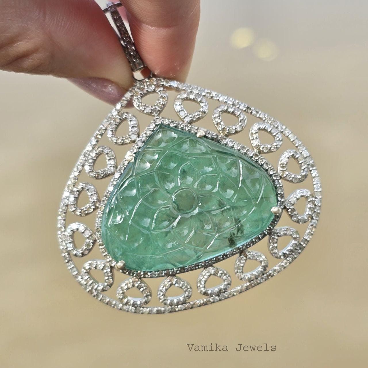 Natural Carved Emerald Diamond Pendant, 925 Sterling Silver Bridesmaid Jewelry, Wedding Anniversary Gift