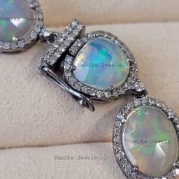 Natural Fire Opal & Diamond Necklace, Sterling Silver Bridal Wedding Jewelry, Elegant Statement Piece thumbnail 6