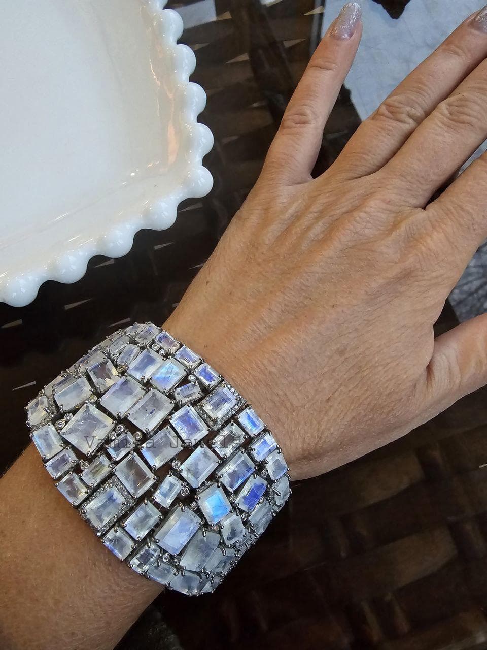 Natural Moonstone Pave Diamond Bracelet, 925 Sterling Silver White Stone Cluster Jewelry