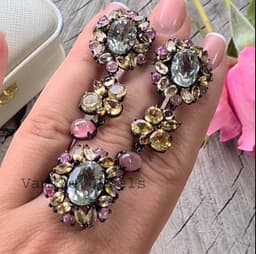 Natural Prasiolite Ring & Dangle Earrings Set, Sterling Silver Citrine Tourmaline Statement Jewelry thumbnail 5