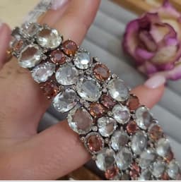 Natural Green Amethyst & Tourmaline Bracelet, Sterling Silver Diamond Multi Stone Wide Band Jewelry thumbnail 4