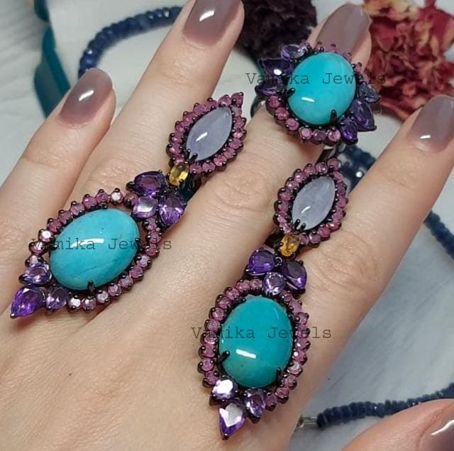 Natural Ruby Amethyst Citrine Amazonite & Rose Quartz Jewelry Set, Sterling Silver Ring Earrings