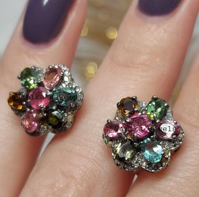 Natural Tourmaline & Diamond Halo Stud Earrings, Sterling Silver Floral Statement Jewelry