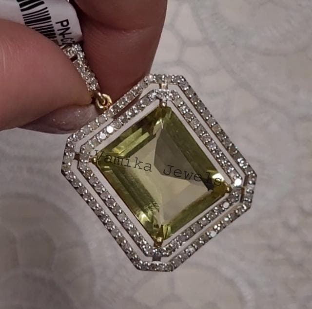 Natural Lemon Topaz & Diamond Halo Pendant, Emerald Cut Sterling Silver Statement Jewelry