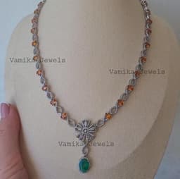 Natural Orange Sapphire Necklace, 925 Sterling Silver Emerald Diamond Multi Stone Jewelry thumbnail 1
