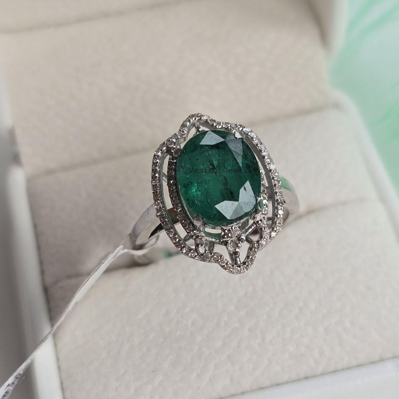 Natural Emerald Diamond Ring, 925 Sterling Silver, May Birthstone Jewelry, Wedding Anniversary Gift