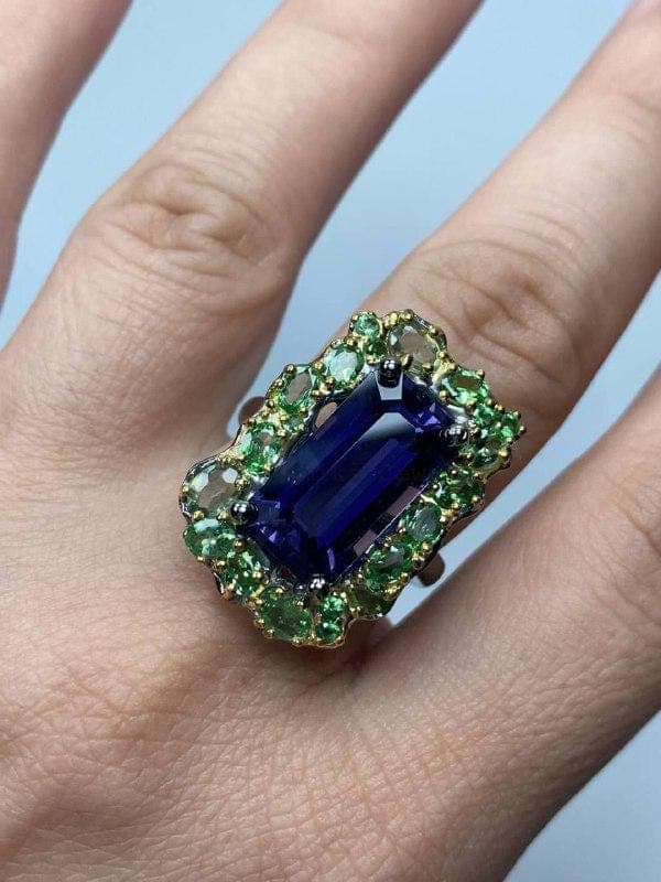 Natural Iolite Engagement Ring, 925 Sterling Silver Tsavorite Multi Stone Cluster Wedding Jewelry