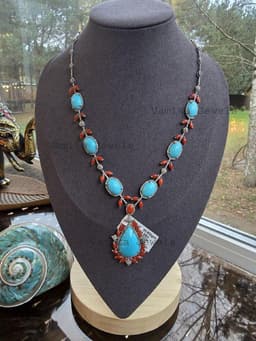 Natural Turquoise Diamond Necklace, 925 Sterling Silver Coral Multi Stone Jewelry thumbnail 6