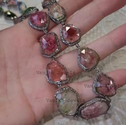 Natural Multi Tourmaline & Diamond Necklace, Handmade 925 Sterling Silver Bridal Wedding Statement Jewelry thumbnail 10