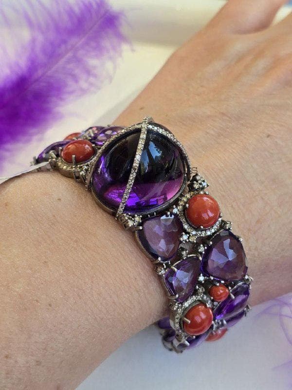 Natural Amethyst & Coral Bracelet, 925 Sterling Silver Diamond Multi Stone Wide Band Jewelry