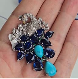 Natural Turquoise Kyanite Brooch, 925 Sterling Silver Emerald Diamond Multi Stone Cluster Bird Jewelry thumbnail 3