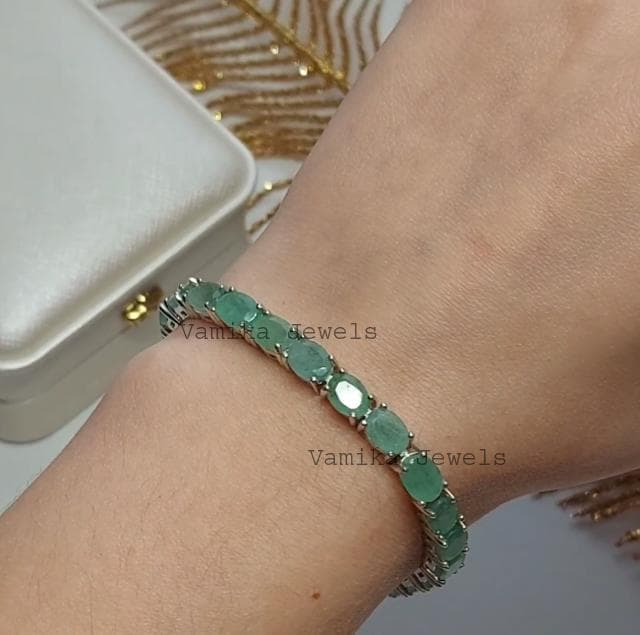Natural Emerald Link Bracelet – Rhodium Plated Sterling Silver, Handmade