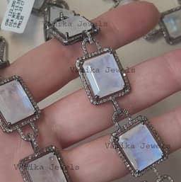 Natural Emerald Cut Moonstone & Diamond Necklace, 925 Sterling Silver Bridal Statement Jewelry thumbnail 4