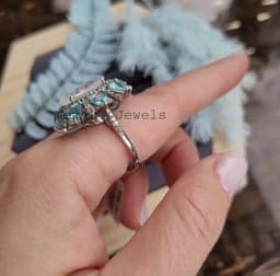 Natural Rainbow Moonstone & Diamond Halo Ring, Sterling Silver Apatite Cocktail Statement Jewelry thumbnail 1
