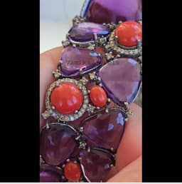 Natural Amethyst & Coral Bracelet, 925 Sterling Silver Diamond Multi Stone Wide Band Jewelry thumbnail 3