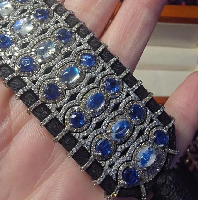 Natural Moonstone Kyanite Thread Bracelet, 925 Sterling Silver Diamond Multi Stone Statement Jewelry