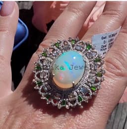Natural Fire Opal & Diamond Engagement Ring, 925 Sterling Silver Chrome Diopside Victorian Statement Jewelry thumbnail 2