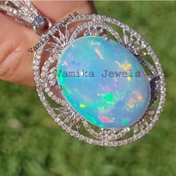 Natural Fire Opal & Diamond Pendant, Sterling Silver Halo October Birthstone Jewelry thumbnail 2