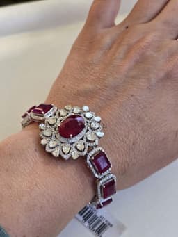 Natural Ruby Bracelet, 925 Sterling Silver Polik Pave Diamond Halo Statement Jewelry thumbnail 6