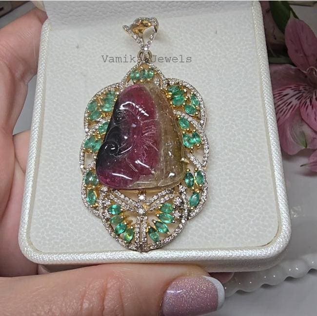 Natural Carved Tourmaline, Emerald & Diamond Pendant, Gold Plated 925 Sterling Silver Jewelry, Wedding Gift