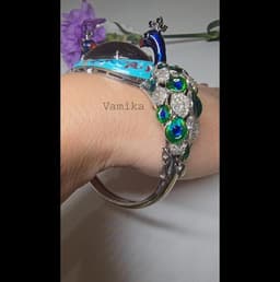 Natural Tourmaline & Diamond Bangle, 925 Sterling Silver Black Spinel Peacock Bracelet Jewelry For Women thumbnail 4