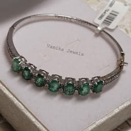 Emerald Diamond Sterling Silver Bangle Bracelet, Handmade Jewelry thumbnail 5