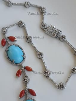 Natural Turquoise Diamond Necklace, 925 Sterling Silver Coral Multi Stone Jewelry thumbnail 3