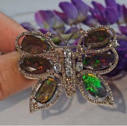 Natural Black Opal Butterfly Brooch, 925 Sterling Silver Aquamarine Diamond Statement Jewelry, Anniversary Gift thumbnail 7