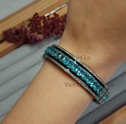 Natural Apatite & Diamond Bangle Bracelet, 925 Sterling Silver Black Enamel Statement Jewelry thumbnail 4