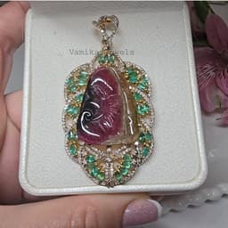 Natural Carved Tourmaline, Emerald & Diamond Pendant, Gold Plated 925 Sterling Silver Jewelry, Wedding Gift thumbnail 2