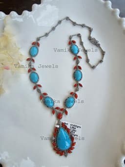 Natural Turquoise Diamond Necklace, 925 Sterling Silver Coral Multi Stone Jewelry thumbnail 5