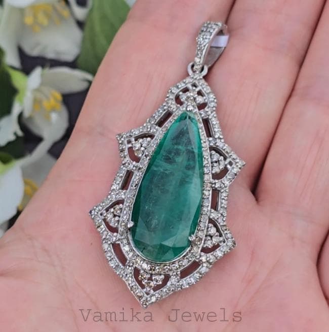 Natural Emerald Diamond Pendant, 925 Sterling Silver Statement Jewelry, Wedding Anniversary Gift