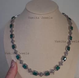 Natural Emerald Pave Diamond Halo Necklace - 925 Sterling Silver Luxury Statement Jewelry thumbnail 6