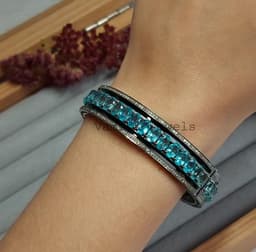 Natural Apatite & Diamond Bangle Bracelet, 925 Sterling Silver Black Enamel Statement Jewelry thumbnail 7