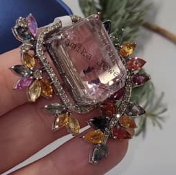 Vintage Floral Kunzite Brooch, Multi Sapphire Diamond Pin, Sterling Silver thumbnail 7
