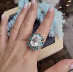 Natural Rainbow Moonstone & Diamond Halo Ring, Sterling Silver Apatite Cocktail Statement Jewelry thumbnail 3