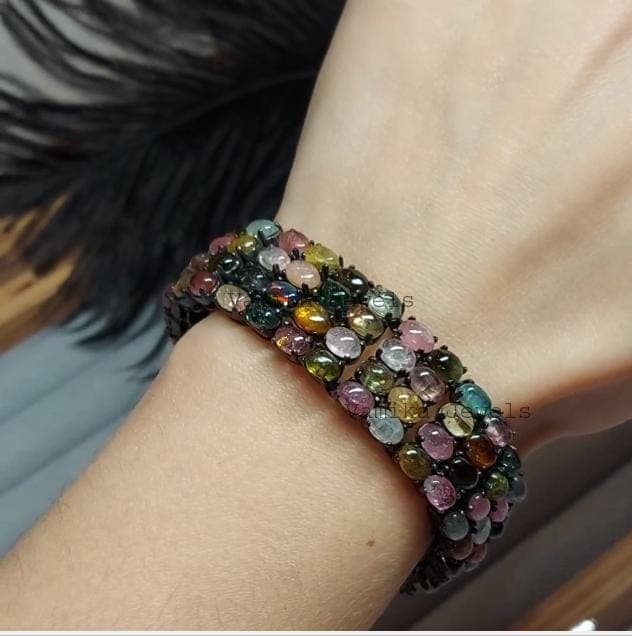 Natural Multi-Tourmaline Bracelet, 925 Sterling Silver Handmade Gemstone Jewelry for Women