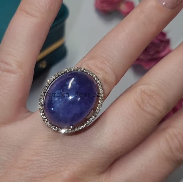 Natural Solitaire Tanzanite Diamond Halo Ring, Sterling Silver December Birthstone Statement Jewelry