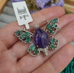 Natural Tanzanite Butterfly Brooch Pin, Sterling Silver with Emerald & Diamond Gemstone Statement Jewelry thumbnail 1