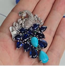 Natural Turquoise Kyanite Brooch, 925 Sterling Silver Emerald Diamond Multi Stone Cluster Bird Jewelry thumbnail 5