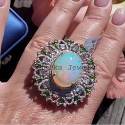 Natural Fire Opal & Diamond Engagement Ring, 925 Sterling Silver Chrome Diopside Victorian Statement Jewelry thumbnail 3