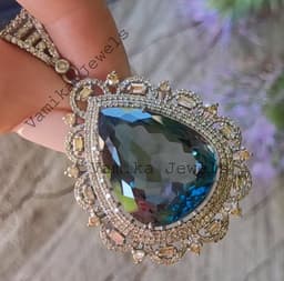 Natural London Blue Topaz Pendant, Sterling Silver Baguette Diamond Halo Statement Jewelry thumbnail 4