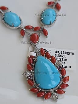 Natural Turquoise Diamond Necklace, 925 Sterling Silver Coral Multi Stone Jewelry thumbnail 1