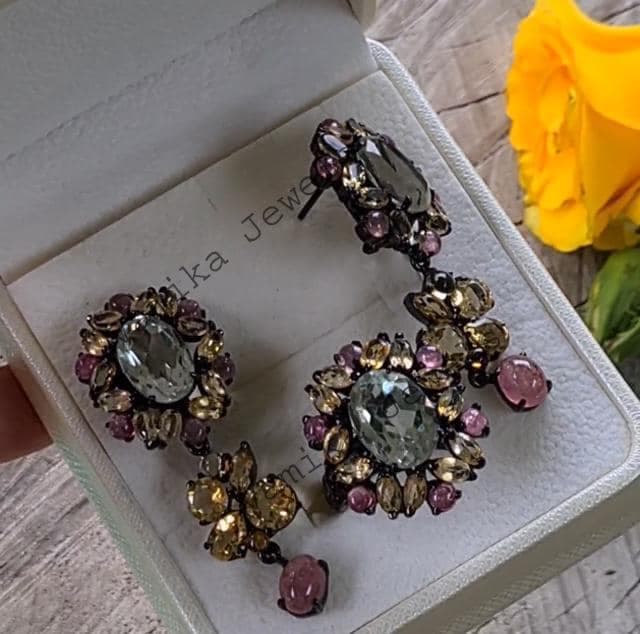 Natural Prasiolite Ring & Dangle Earrings Set, Sterling Silver Citrine Tourmaline Statement Jewelry