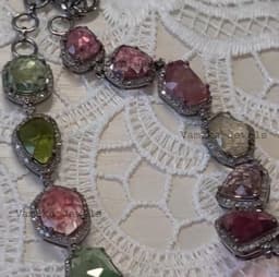 Natural Multi Tourmaline & Diamond Necklace, Handmade 925 Sterling Silver Bridal Wedding Statement Jewelry thumbnail 1